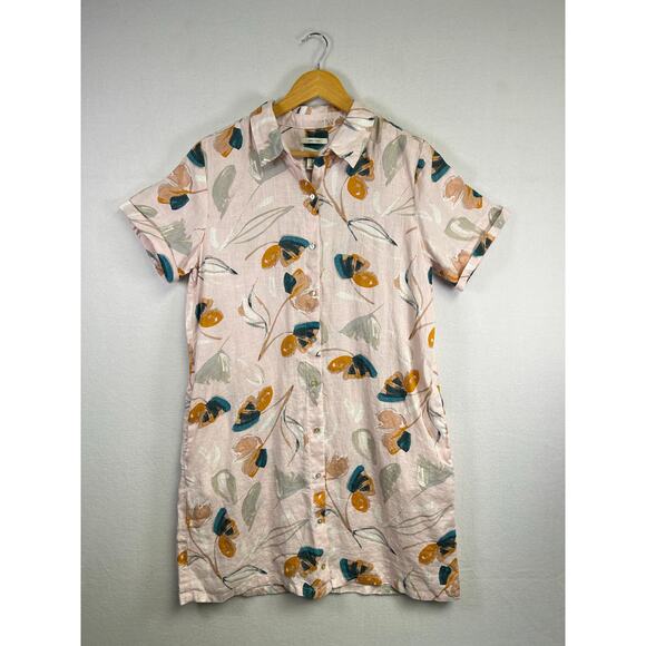Woman's Linen Floral Pink Shirt Dress - Size Large Feminine Casual Beachy - Picture 1 of 10